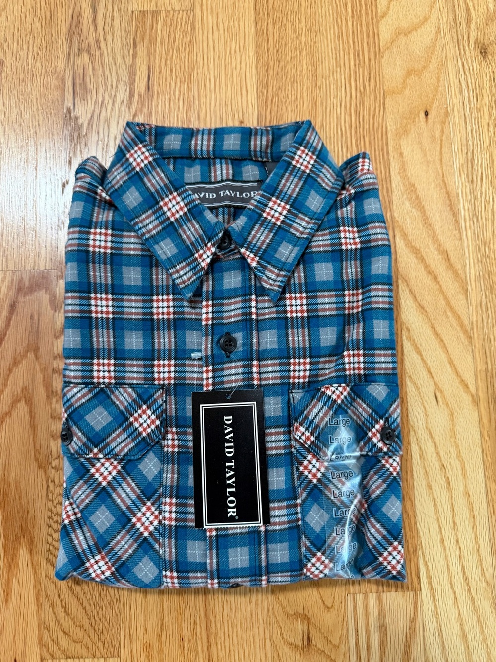 David Taylor Blue and White Plaid Button-Down Shirt with Red Accents